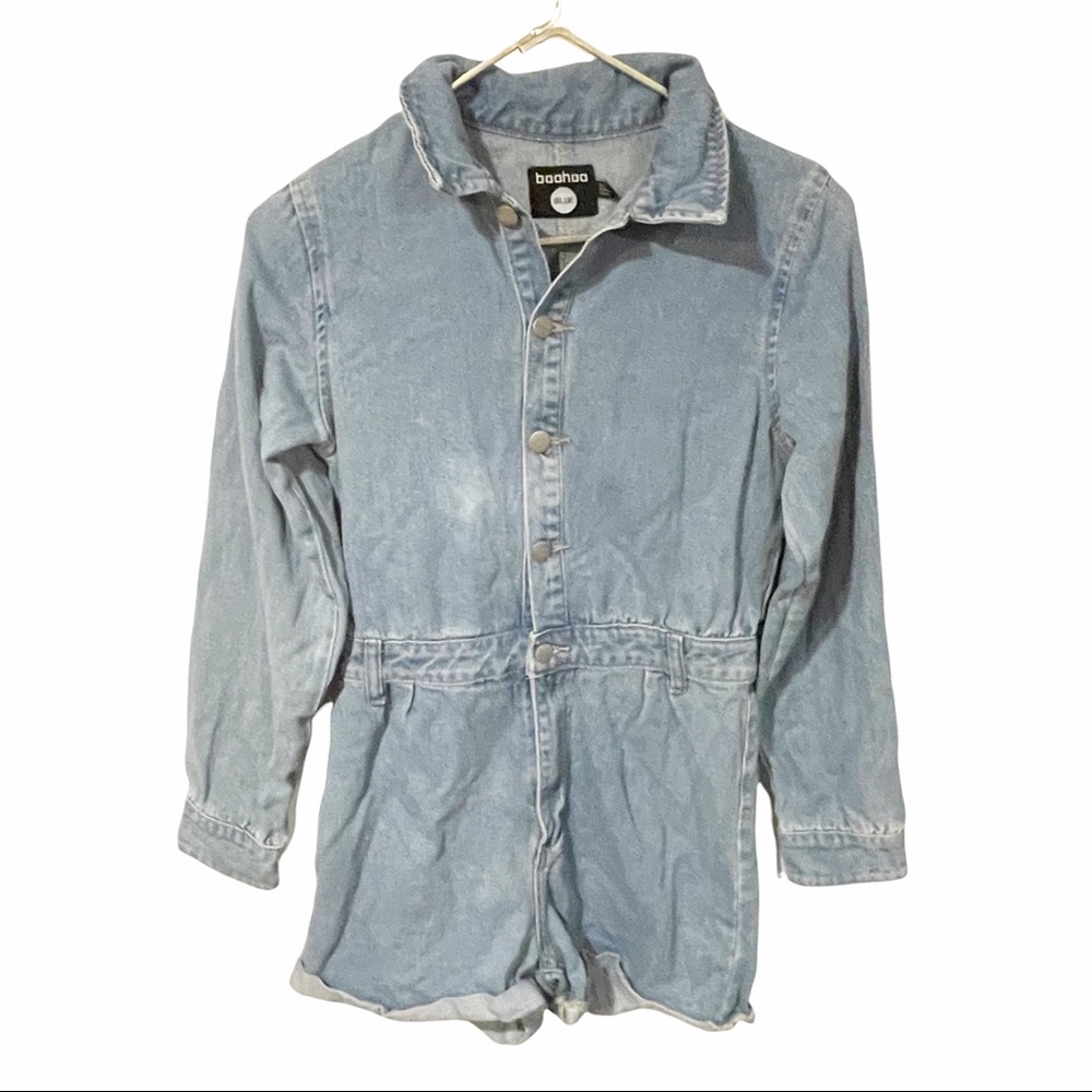 Boohoo Light Blue Denim Romper Shorts